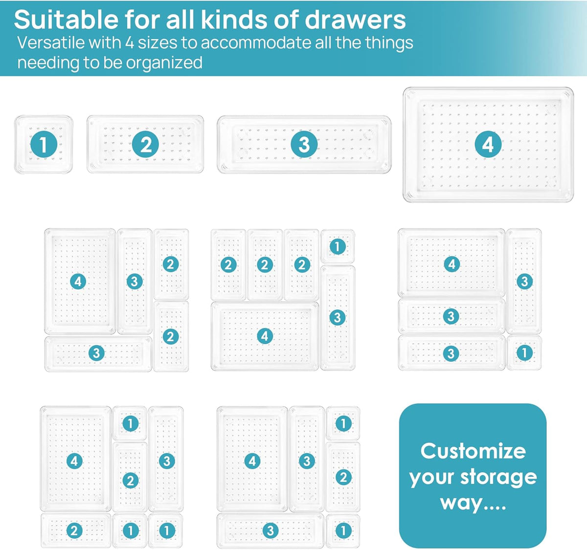 25 PCS Clear Plastic Drawer Organizers Set