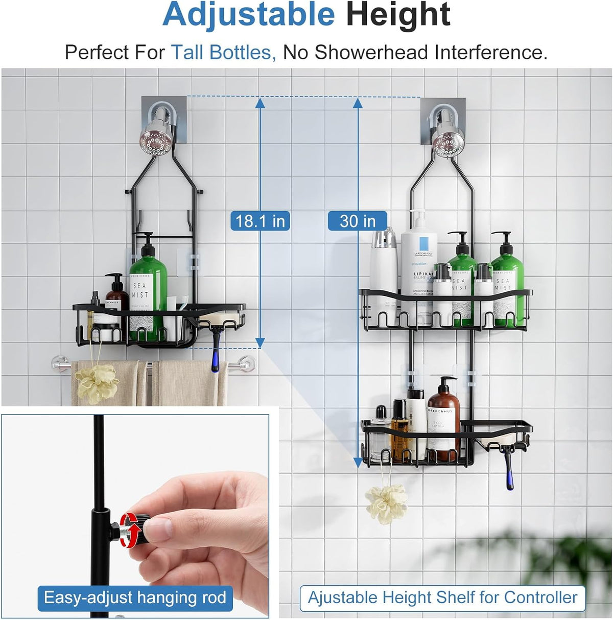 Upgraded Extended Length Shower Organizer with Hooks