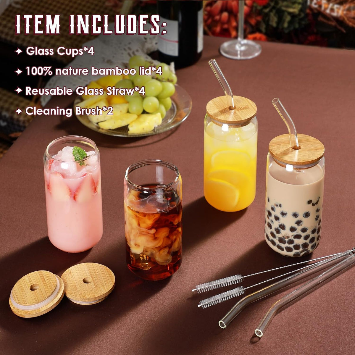 Drinking Glasses with Bamboo Lids and Glass Straw 4pcs Set - 16oz Glass Cups,