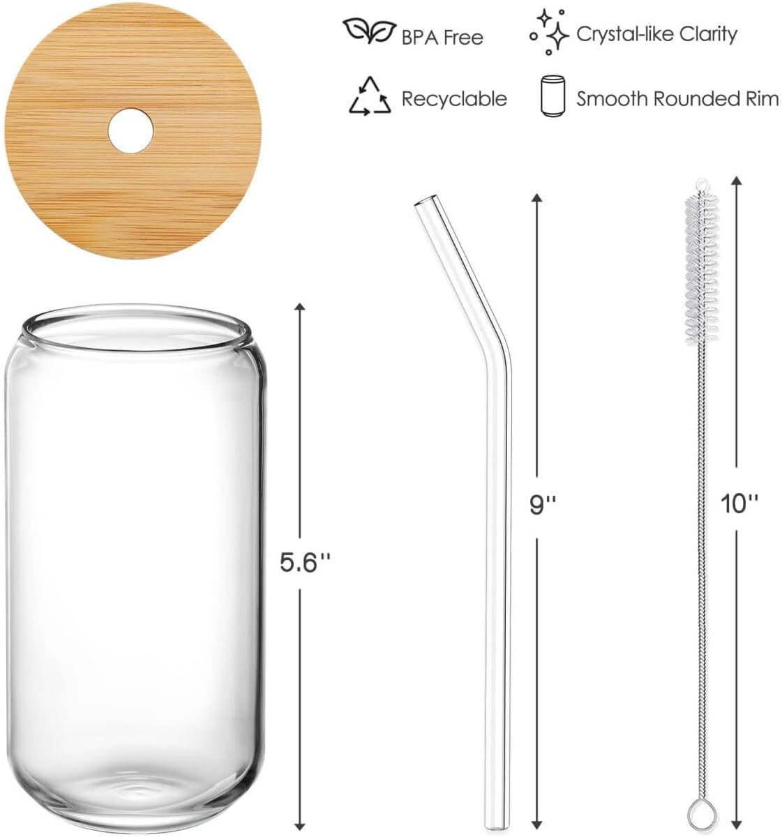 Drinking Glasses with Bamboo Lids and Glass Straw 4pcs Set - 16oz Glass Cups,