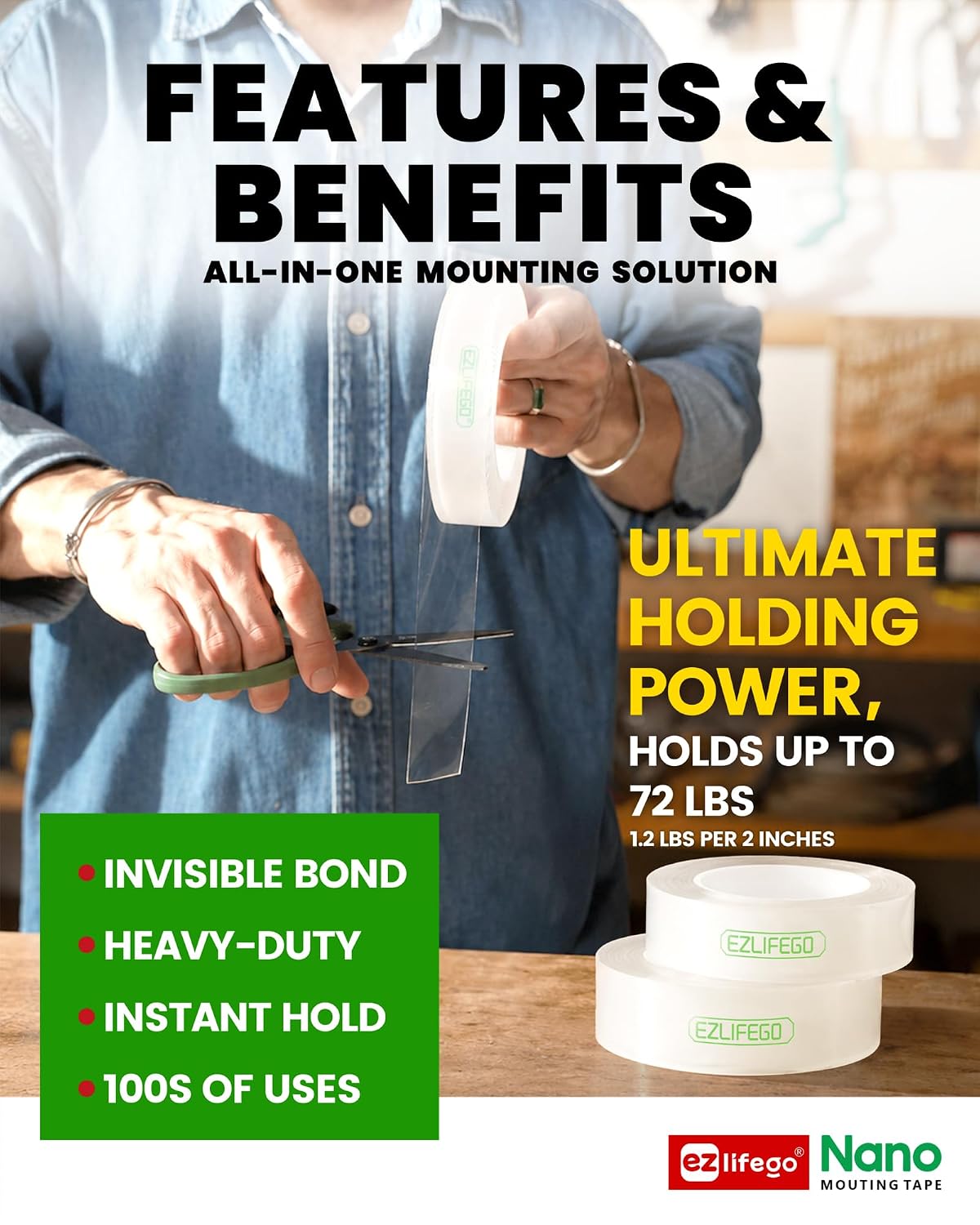 Heavy Duty Invisible Bond Nano Double Sided Mounting Tape, 9.85FT