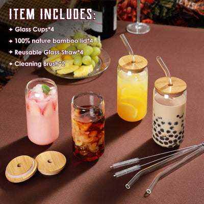 Drinking Glasses with Bamboo Lids and Glass Straw 4pcs Set - 16oz Glass Cups,