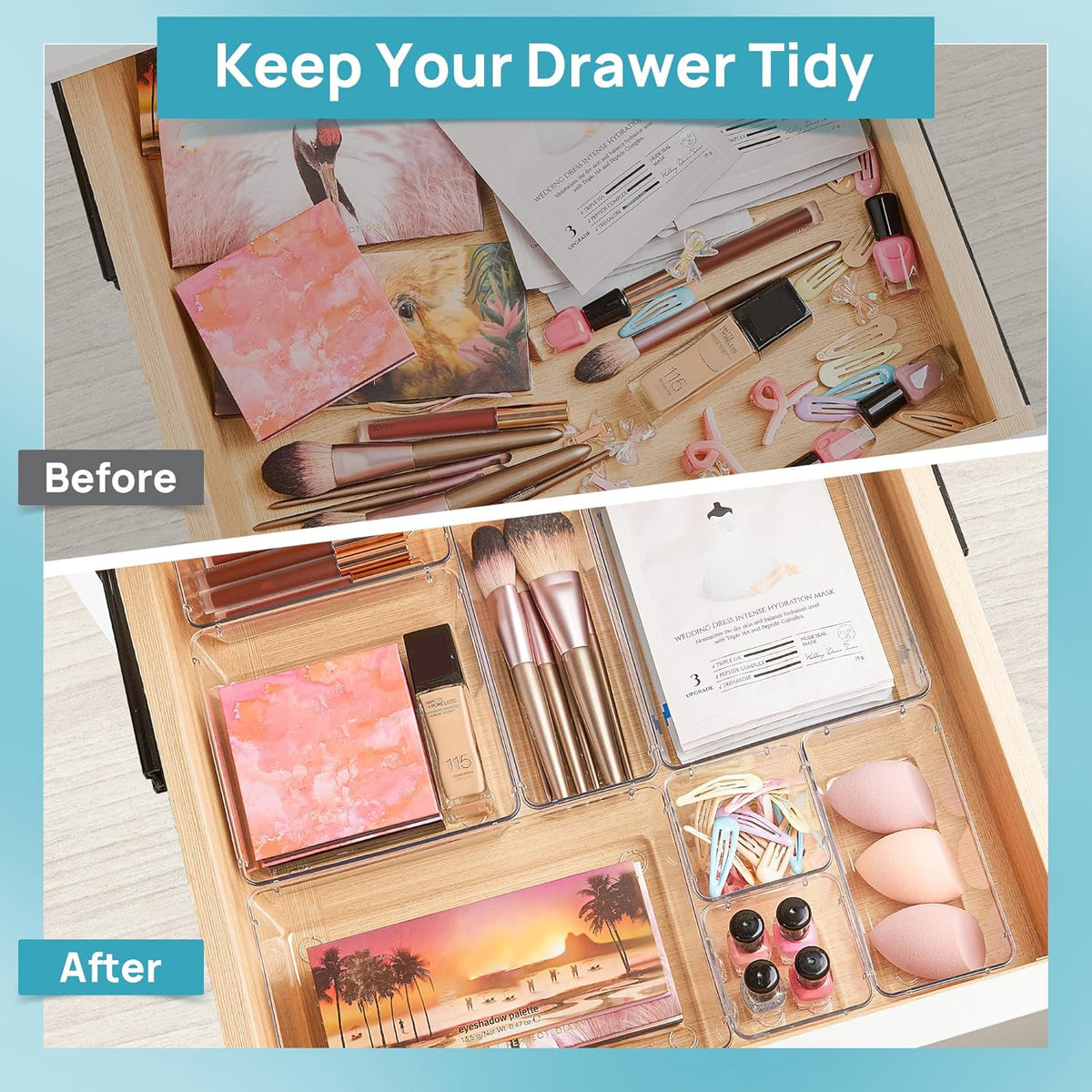 25 PCS Clear Plastic Drawer Organizers Set