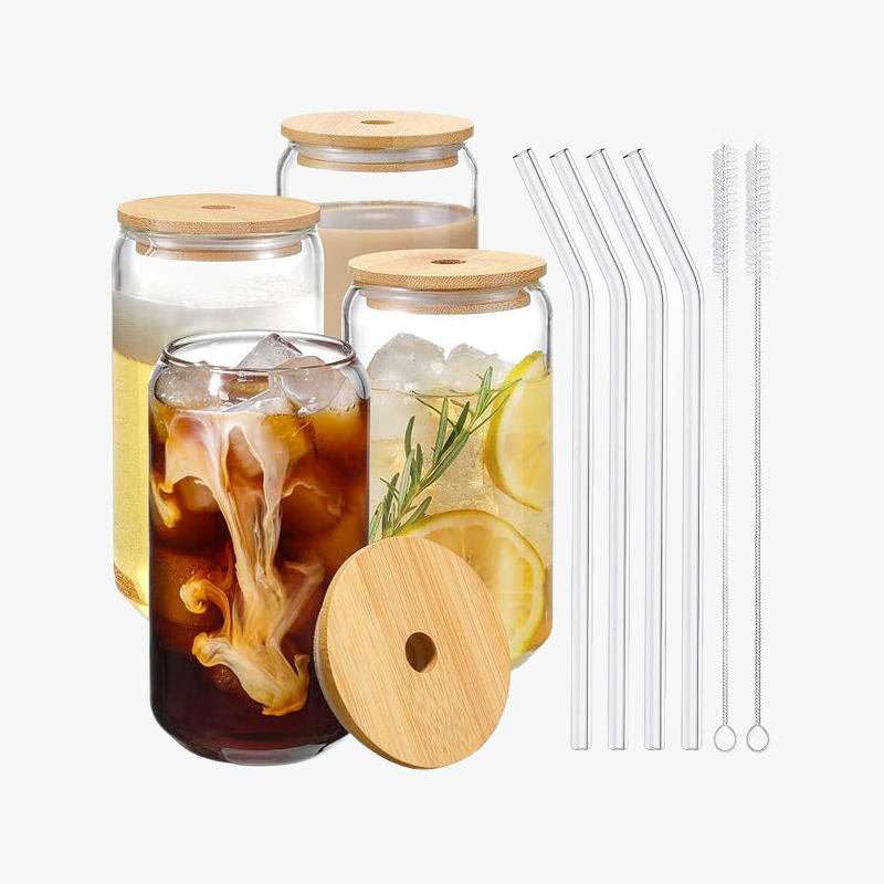 Drinking Glasses with Bamboo Lids and Glass Straw 4pcs Set - 16oz Glass Cups,